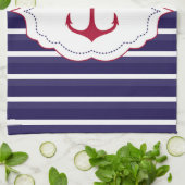 Nautisch Donkerblauw Wit Strepen Rood Anker Theedoek (Gevouwen)