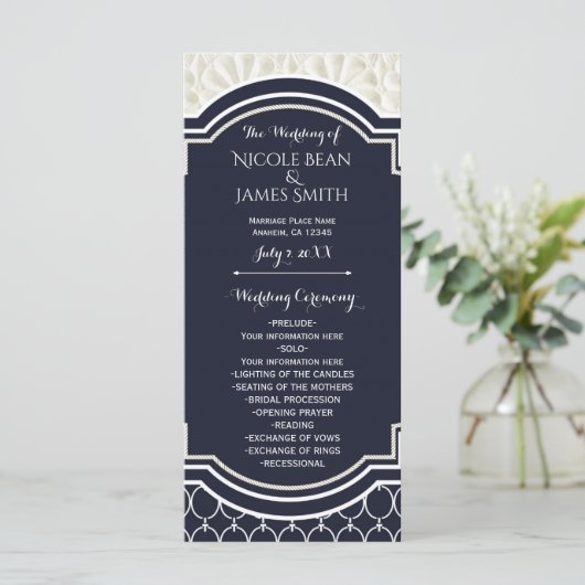 Nautisch Elegant Navy White Beach Wedding Programm Programma (Staand voorkant)