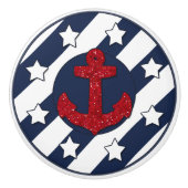 Nautisch | Faux Red Glitter | Witte sterren Keramische Knop (Voorkant)