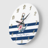 Nautisch, Floral Anchor Navy Blue Stripes Grote Klok (Hoek)