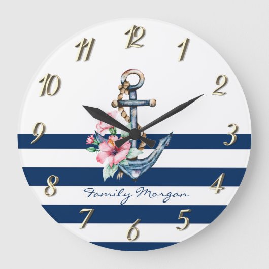 Nautisch, Floral Anchor Navy Blue Stripes Grote Klok (Voorkant)