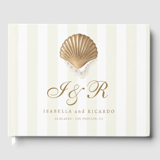 Nautisch Gestreepte Gouden Zeeschelp Kustbruiloft Gastenboek (Voorkant)