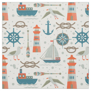 Nautisch gevlekt rood blauwgroen wit patroon stof