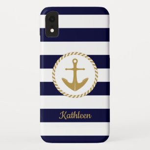 Nautisch goud anker Navy blauw en witte strepen iPhone XR Hoesje