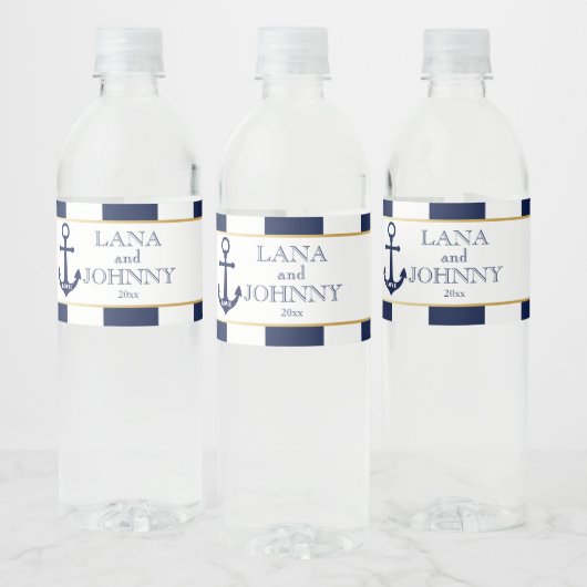 Nautisch, Goud met Navy Stripes Waterfles Etiket (Flessen)