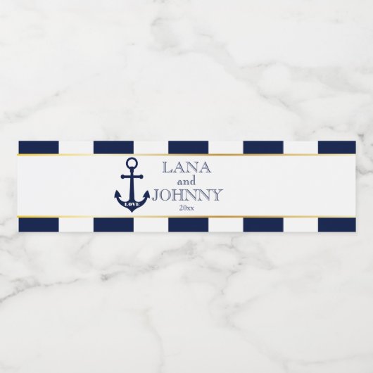 Nautisch, Goud met Navy Stripes Waterfles Etiket (Enkel label)