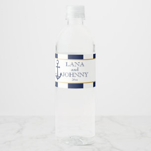 Nautisch, Goud met Navy Stripes Waterfles Etiket