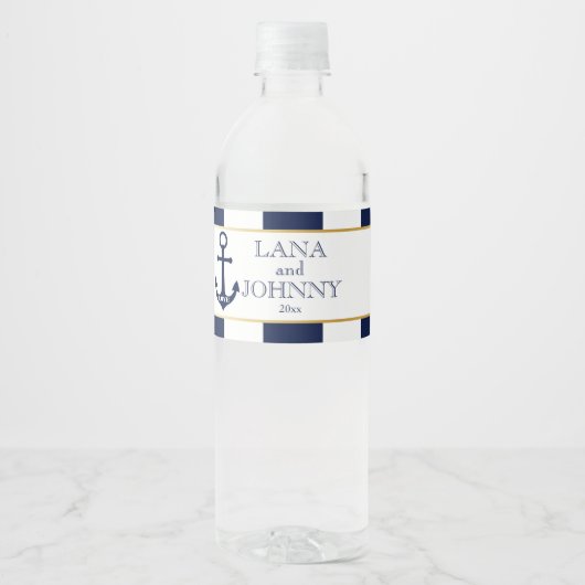 Nautisch, Goud met Navy Stripes Waterfles Etiket (Voorkant)