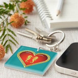 Nautisch goud zeepaardje Keltisch rood hart/aqua Sleutelhanger