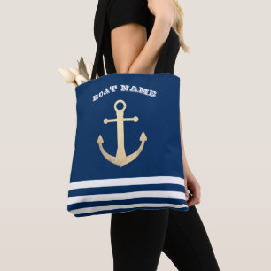Nautisch, Gouden Anker Navy Blauwe Gestreepte Draagtas