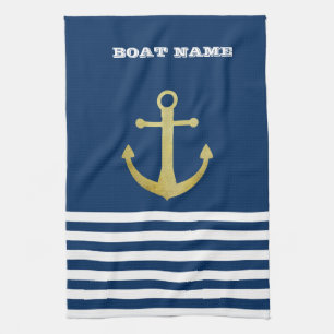 Nautisch, Gouden Anker Navy Blauwe Gestreepte Theedoek