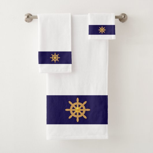Nautisch gouden scheepswiel op blauw en wit marine bad handdoek (Insitu)