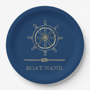 Nautisch Gouden Stuurwiel,Marineblauw Papieren Bordje