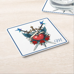 Nautisch Hart Bloemen Rood Blauw Vierkante Kartonnen Onderzetter