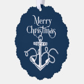 Nautisch Kerstanker Navy Blue Ornament Kaart (Links)