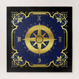 Nautisch kompassilhouet/goud/zwart/marine legpuzzel