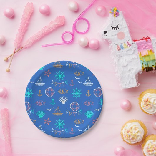 Nautisch krijttekenpatroon papieren bordje (Feest)