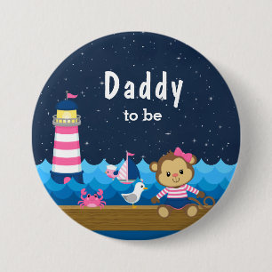 Nautisch Meisje Aap Roze en Marine Papa Wordt Kome Ronde Button 7,6 Cm