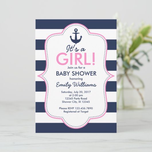Nautisch Meisje Baby shower uitnodiging (Staand voorkant)
