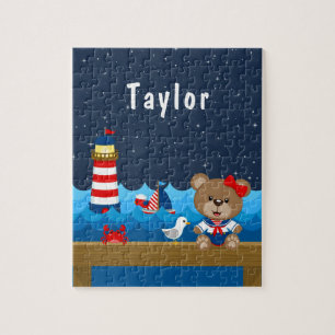 Nautisch Meisje Beer Rood en Marineblauw Legpuzzel