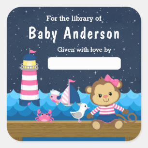 Nautisch Meisjes Aap Roze en Marine Baby Boekplaat Vierkante Sticker
