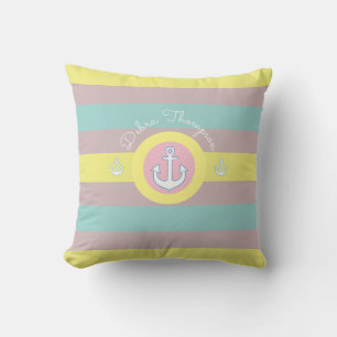 Nautisch met anker, geel, blauw & roze gestreept kussen