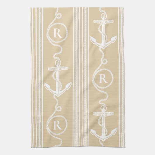 Nautisch monogram Anker met Rope Zand Kleur Theedoek (Verticaal)