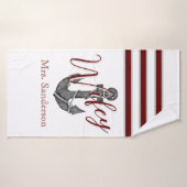 Nautisch Monogram Maroon Rood Bloemen Anker Badhanddoek (Badhanddoek)