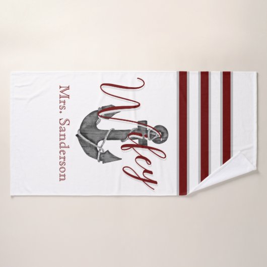 Nautisch Monogram Maroon Rood Bloemen Anker Badhanddoek (Badhanddoek)