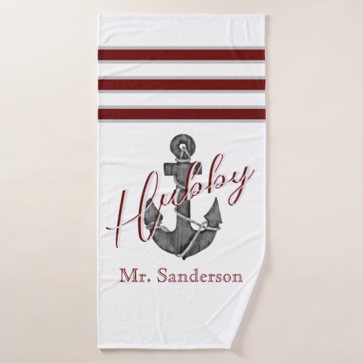 Nautisch Monogram Maroon Rood Bloemen Anker Badhanddoek (Badhanddoek)