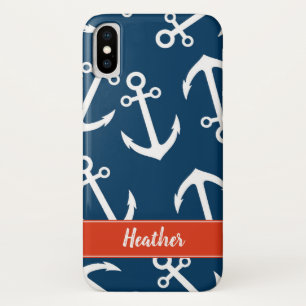 Nautisch monogram Navy Anchors Pattern iPhone X Hoesje