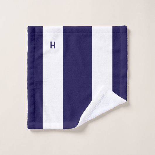 Nautisch monogram op marineblauw & wit gestreept bad handdoek (Wasdoekje)