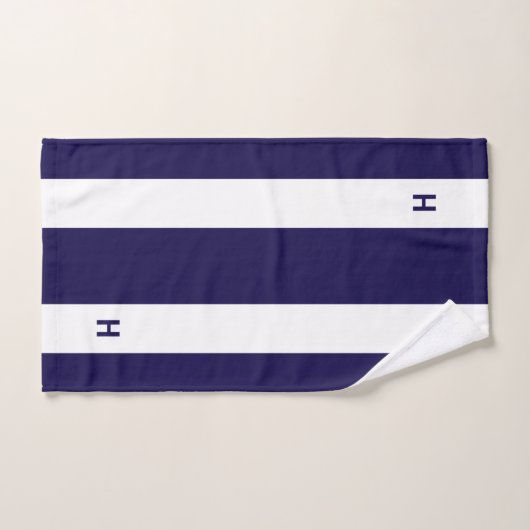 Nautisch monogram op marineblauw & wit gestreept bad handdoek (Handdoek)