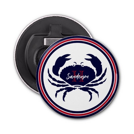 Nautisch monogram rode marine witte krab button flesopener (Voorkant)