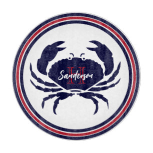 Nautisch monogram rode marine witte krab snijplank