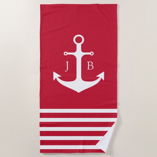 Nautisch Monogram Rood Wit Streepanker Strandlaken (Voorkant)