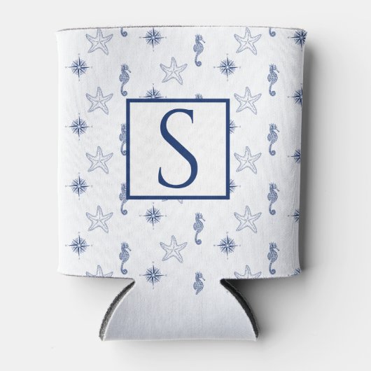 Nautisch monogram Seahorse Starfish Navy Blue Blikjeskoeler (Voorkant)