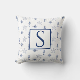 Nautisch monogram Seahorse Starfish Navy Blue Kussen
