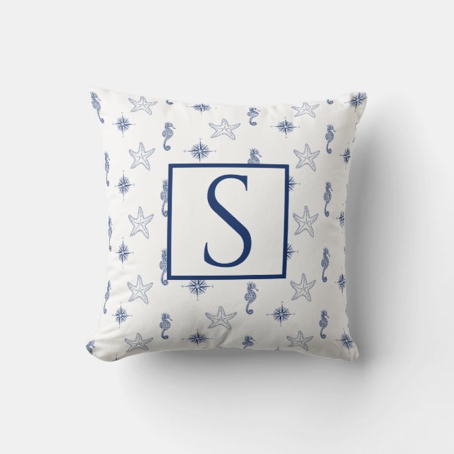 Nautisch monogram Seahorse Starfish Navy Blue Kussen (Voorkant)