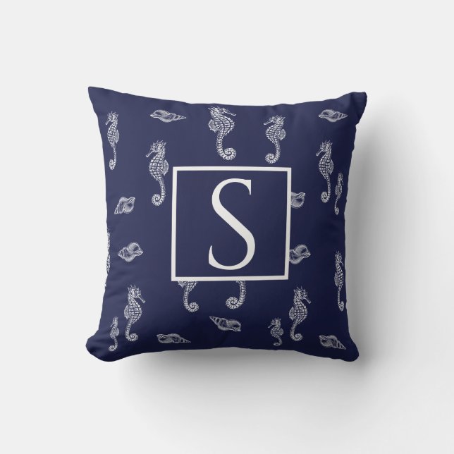 Nautisch monogram Zeepaardenschelp Navy Blue White Buitenkussen (Voorkant)