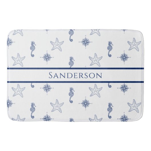 Nautisch monogram Zeepaardje Zeesterren Marine Bla Badmat (Voorkant)