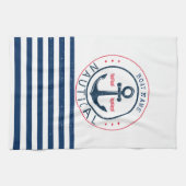 Nautisch, naam van de boot, blauwe strepen van de  theedoek (Horizontaal)