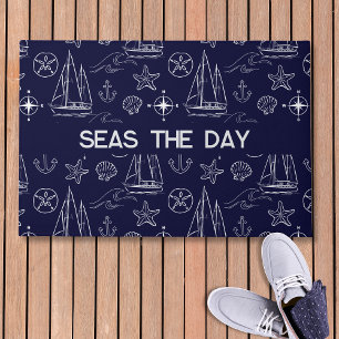 Nautisch Navy Blauwe Zeilboot Patroon Naam Deurmat