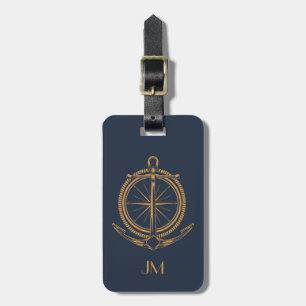 Nautisch ontwerp met gouden kompas en anker bagagelabel