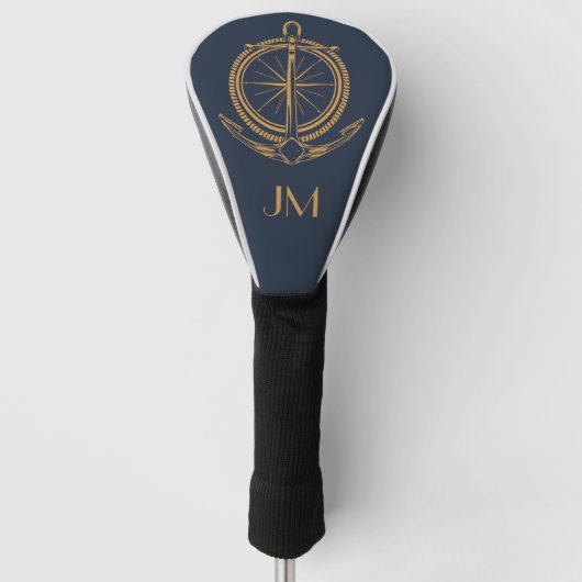Nautisch ontwerp met gouden kompas en anker golfheadcover (Voorkant)