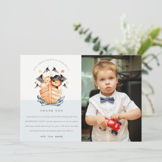 Nautisch Piraatsschip Leeuwenwelp Kinderen Foto Ve Bedankkaart (Staand voorkant)