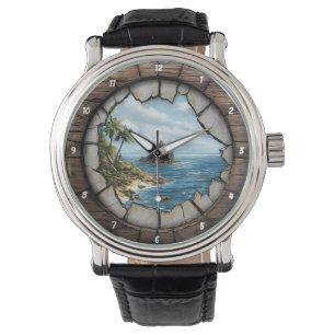 Nautisch raam eiland ontsnapping rustieke kust horloge