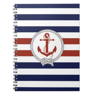 Nautisch rood anker/Navy knot/blauw/witte streep Notitieboek