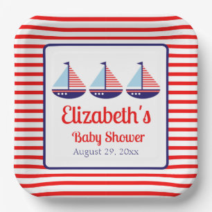 Nautisch Rood Wit Blauw Zeilboot Baby shower Papieren Bordje