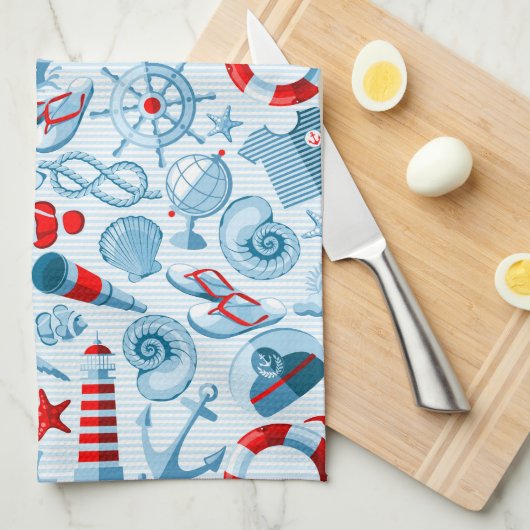 Nautisch rood wit en blauw patroon theedoek (Quarter Fold)